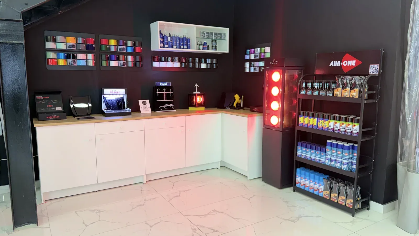 The retail counter with detailing products under display lighting
